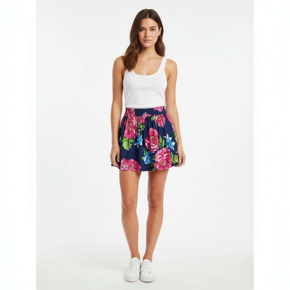 Hollister Floral Ruched Mini Skirt Elastic‎ Waist Navy Pink Juniors Size Large